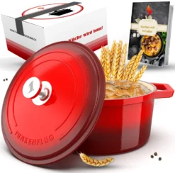 Funkenflug® Gusseisen Topf Brot Backen 4,7 Liter In Rot [Induktionsgeeignet] Inkl. Rezeptbuch - Für Einzigartigen Brotgenuss - Auch Als Schmortopf Einsetzbar - Gusseisen Emaille Topf - Bräter Gusseisen