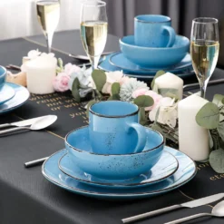 Vancasso Serie Navia Oceano, 16 Teilig Essservice Set Aus Steingut, Tafeiservice Für 4 Personen, Wasserblau, Vintage Aussehen, Natur Design -Küchenbedarf Geschäft 0716ca1014206be5b32d7329105b29f4