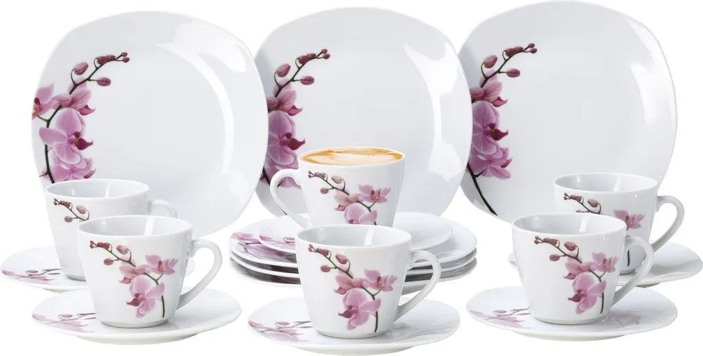 Kaffeeservice 18-tlg. Kyoto Orchidee Leicht Eckig Porzellan Für 6 Personen Weiß MitNachbildung 3 Kaffeeservice 18-tlg. Kyoto Orchidee Leicht Eckig Porzellan Für 6 Personen Weiß MitNachbildung