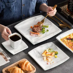 MALACASA, Serie Blance, Kombiservice 30 Tlg. Marmor Porzellan Geschirrset Eckig Tafelservice Mit 180 Ml Kaffeetassen, Untertassen, Dessertteller, Tiefteller Und Flachteller -Küchenbedarf Geschäft 23a76f292d464af6a18ea4b933de640b