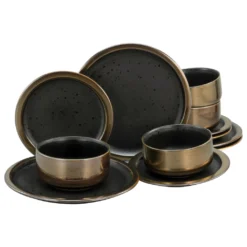 CreaTable 23594 Kombiservice Modern Industrial Für 4 Personen, Steinzeug, Schwarz/gold (1 Set, 12-teilig)