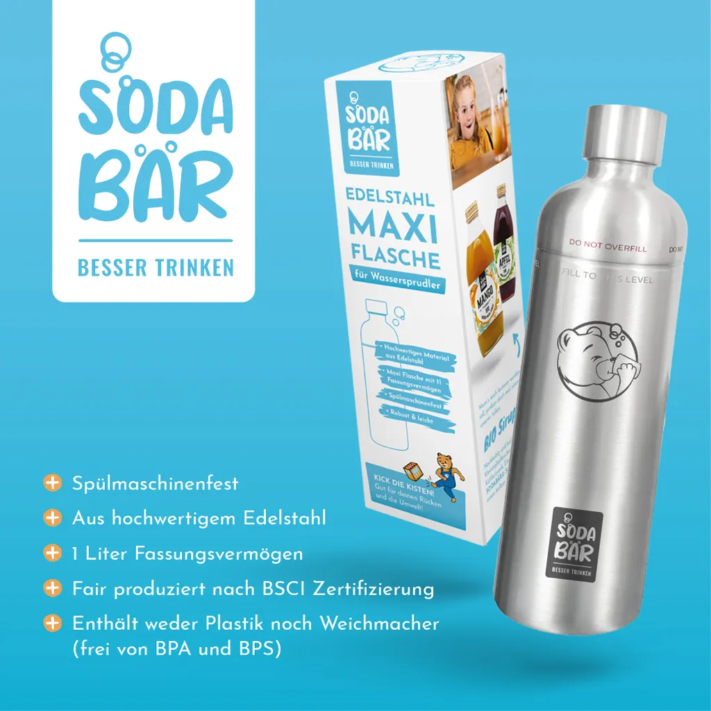 Edelstahl 1L Flasche Mit Drehverschluss Für Wassersprudler By Sodabär MAXI Flasche 4 Edelstahl 1L Flasche Mit Drehverschluss Für Wassersprudler By Sodabär MAXI Flasche – Bild 2