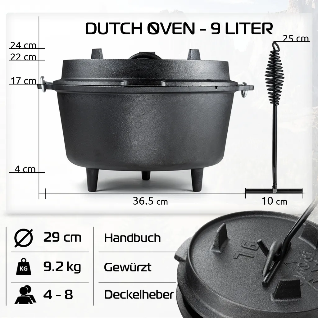 Dutch Oven 9L IRONO - Guseissen Topf - Dutch Oven Set - Feuertopf - 9 Liter - Mit Pfannendeckel, Transport- Und Schutztasche, Deckelheber Und Gebrauchsanweisung 4 Dutch Oven 9L IRONO - Guseissen Topf - Dutch Oven Set - Feuertopf - 9 Liter - Mit Pfannendeckel, Transport- Und Schutztasche, Deckelheber Und Gebrauchsanweisung – Bild 2
