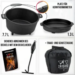 Dutch Oven 9L IRONO - Guseissen Topf - Dutch Oven Set - Feuertopf - 9 Liter - Mit Pfannendeckel, Transport- Und Schutztasche, Deckelheber Und Gebrauchsanweisung 11 Dutch Oven 9L IRONO - Guseissen Topf - Dutch Oven Set - Feuertopf - 9 Liter - Mit Pfannendeckel, Transport- Und Schutztasche, Deckelheber Und Gebrauchsanweisung -Küchenbedarf Geschäft 40fbace0ec3b5f26d85d259bf80e2b79