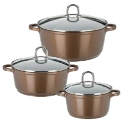 GSW Kochtopf-Set Gourmet Premium Color 6 Tlg. Bronze , Aluminium, Edelstahl, Glas, Kochtopf Mit Glasdeckel ø Ca. 16 X H 8,6cm / ø Ca. 20 X H 9,0cm / ø Ca. 24 X H 10,7cm