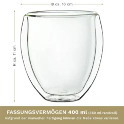 Creano Doppelwandige Gläser 400ml „DG-Bauchig“, 4er Set, Großes Thermoglas Doppelwandig Aus Borosilikatglas, Kaffeegläser, Teegläser, Latte Gläser, Doppelwandgläser -Küchenbedarf Geschäft 6713768c3f9df55ff14b28dda084d8dc