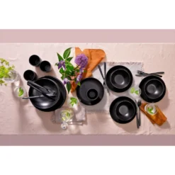 Mammoet Moon Geschirrset 6 Personen, Steingut, Bestehend Aus Tiefen Und Flachen Tellern Sowie Schalen – Je 6 Stück, Matt Schwarz, Moderne Form, Spülmaschinenfest -Küchenbedarf Geschäft 6781fa78149ed8fb7ae721c4ba73fa91