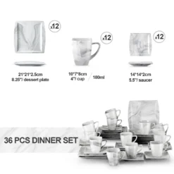 MALACASA, Serie Blance, 36 Tlg. Set Marmor Porzellan Kaffeeservice Geschirrset, Mit 12 Stück Kuchenteller, 12 Stück 180ml Tasse Und 12 Stück Untertasse Für 12 Personen -Küchenbedarf Geschäft 67ba409bfff338a3804ffe5ab5089638