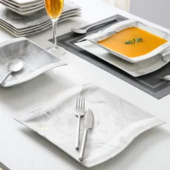 MALACASA, Serie Flora, Marmor Porzellan Tafelservice 24 Teiligen Set Kombiservice Geschirrset Mit 12 Speiseteller Und 12 Suppenteller Für 12 Personen -Küchenbedarf Geschäft 6d96bf2ed5aad77780b6303ed4ea1aa5