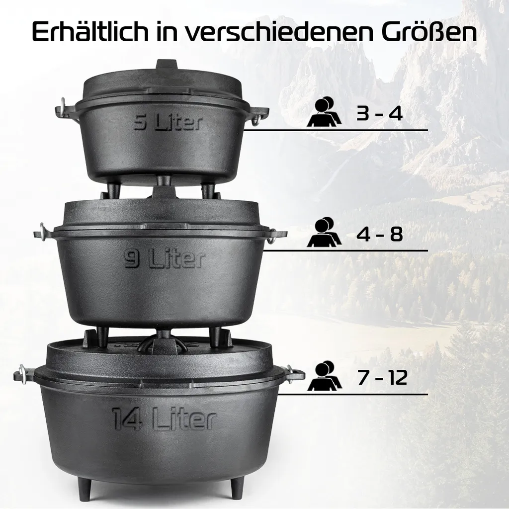 Dutch Oven 9L IRONO - Guseissen Topf - Dutch Oven Set - Feuertopf - 9 Liter - Mit Pfannendeckel, Transport- Und Schutztasche, Deckelheber Und Gebrauchsanweisung 6 Dutch Oven 9L IRONO - Guseissen Topf - Dutch Oven Set - Feuertopf - 9 Liter - Mit Pfannendeckel, Transport- Und Schutztasche, Deckelheber Und Gebrauchsanweisung – Bild 4