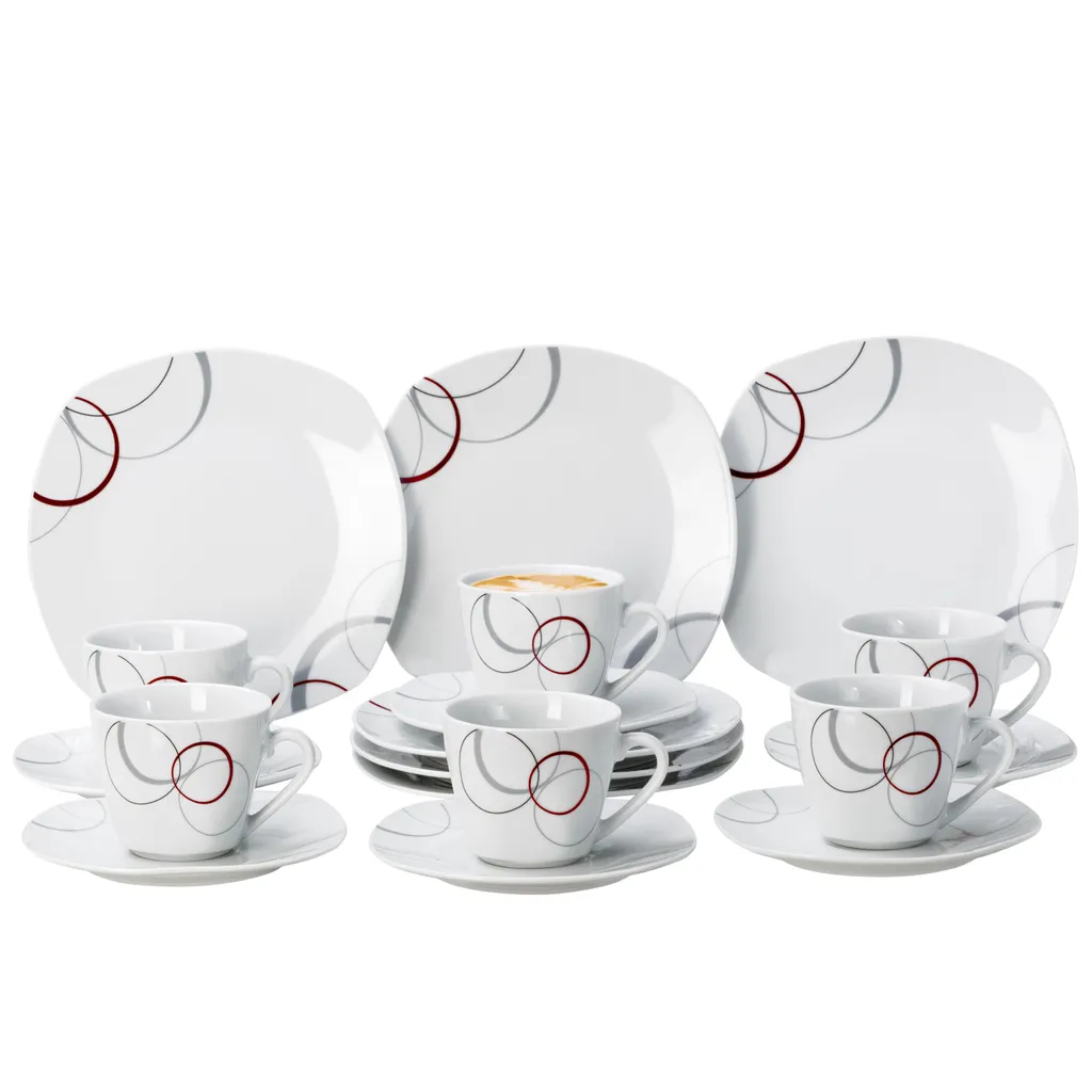 Kaffeeservice Palazzo 18tlg. - Weiß MitNachbildung-Kreisen In Grau Und Dunkelrot - Für 6 Personen 3 Kaffeeservice Palazzo 18tlg. - Weiß MitNachbildung-Kreisen In Grau Und Dunkelrot - Für 6 Personen