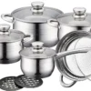 12-teiliges Edelstahl Kochgeschirr Kochtopfset Topfset Töpfe Pfannen Glasdeckel