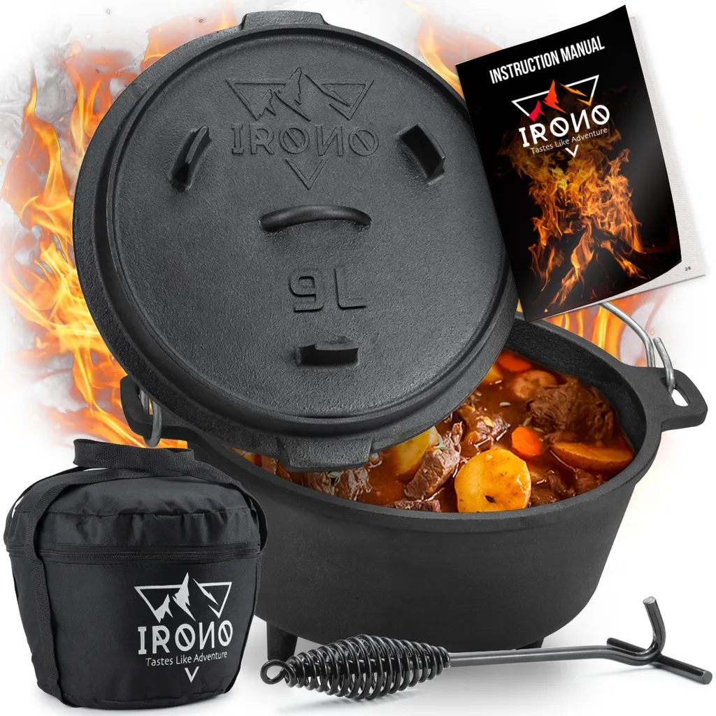 Dutch Oven 9L IRONO - Guseissen Topf - Dutch Oven Set - Feuertopf - 9 Liter - Mit Pfannendeckel, Transport- Und Schutztasche, Deckelheber Und Gebrauchsanweisung 3 Dutch Oven 9L IRONO - Guseissen Topf - Dutch Oven Set - Feuertopf - 9 Liter - Mit Pfannendeckel, Transport- Und Schutztasche, Deckelheber Und Gebrauchsanweisung