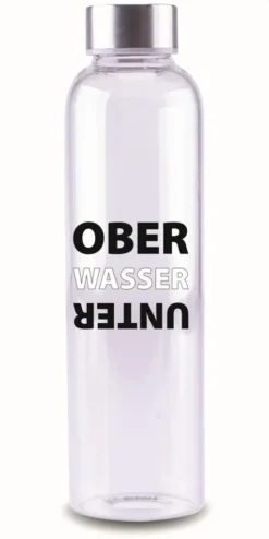 Steuber Glasflasche Mit Schriftzug OBER WASSER UNTER, 700 Ml, Borosilikatglas/Edelstahlverschluss, Temperatur-resistent, Spülmaschinengeeignet