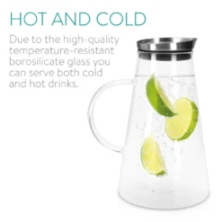 Navaris Glaskaraffe Aus Borosilikatglas 1,6L Glaskrug - Wasser Karaffe Mit Deckel - Glasbehälter Wasserkaraffe Wasserflasche - Tee Krug Ausgießer -Küchenbedarf Geschäft c031bb86c9978e78b0d75a7d2c2ad67e