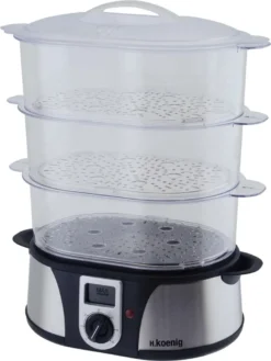 H.Koenig Elektro-Dampfgarer Ohne BPA 12 Liter, 3 Herausnehmbare Behälter, 1000 W, Timer Bis Zu 60 Minuten VAP12, Kunststoff, Metall, Single -Küchenbedarf Geschäft ce97525da7672e65c2960930f636a27e