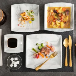 MALACASA, Serie Blance, Kombiservice 30 Tlg. Marmor Porzellan Geschirrset Eckig Tafelservice Mit 180 Ml Kaffeetassen, Untertassen, Dessertteller, Tiefteller Und Flachteller -Küchenbedarf Geschäft d88c5ec74805cfe71e62b0808223d5f3