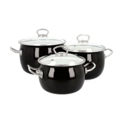 TOPFSET INDUKTION X3 Töpfe Mit Deckeln Kochtopfset Schwarz EMAILLE